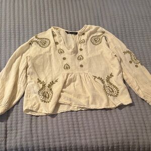 Zara Cream Peasant Blouse with Olive Embroidery